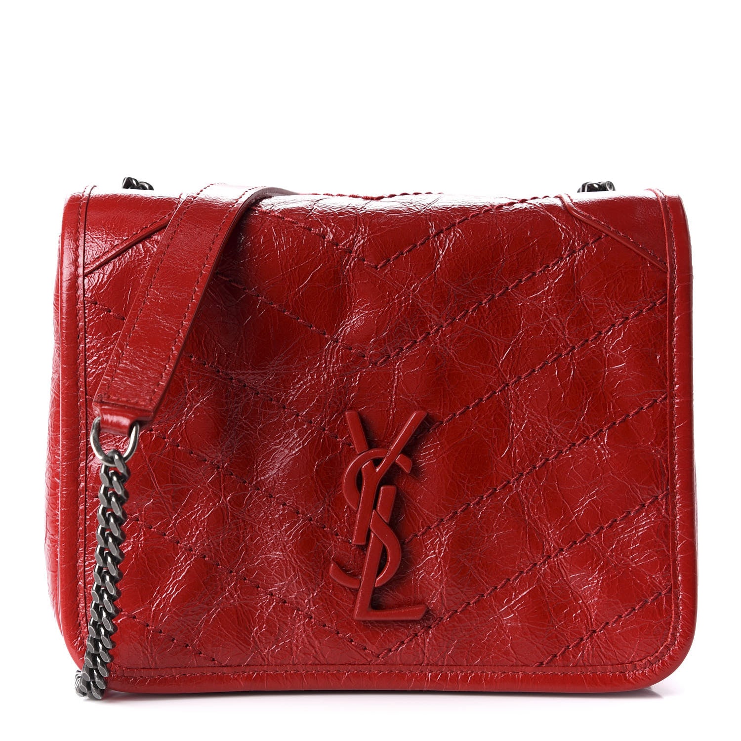 Saint Laurent Crinkled Calfskin Matelasse Monogram Niki Chain Wallet Red 1 of 10