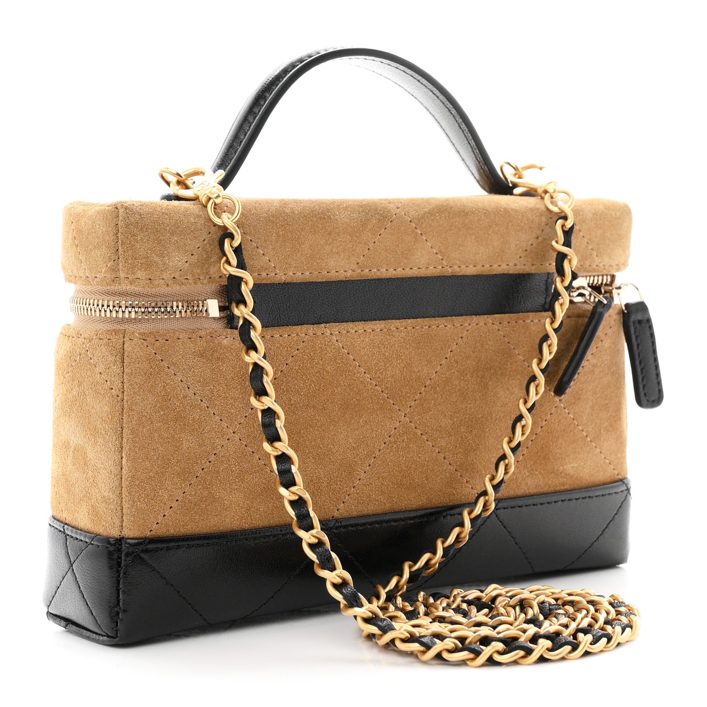 Suede Calfskin Shiny Lambskin Quilted Top Handle Slim Vanity Case With Chain Beige Black