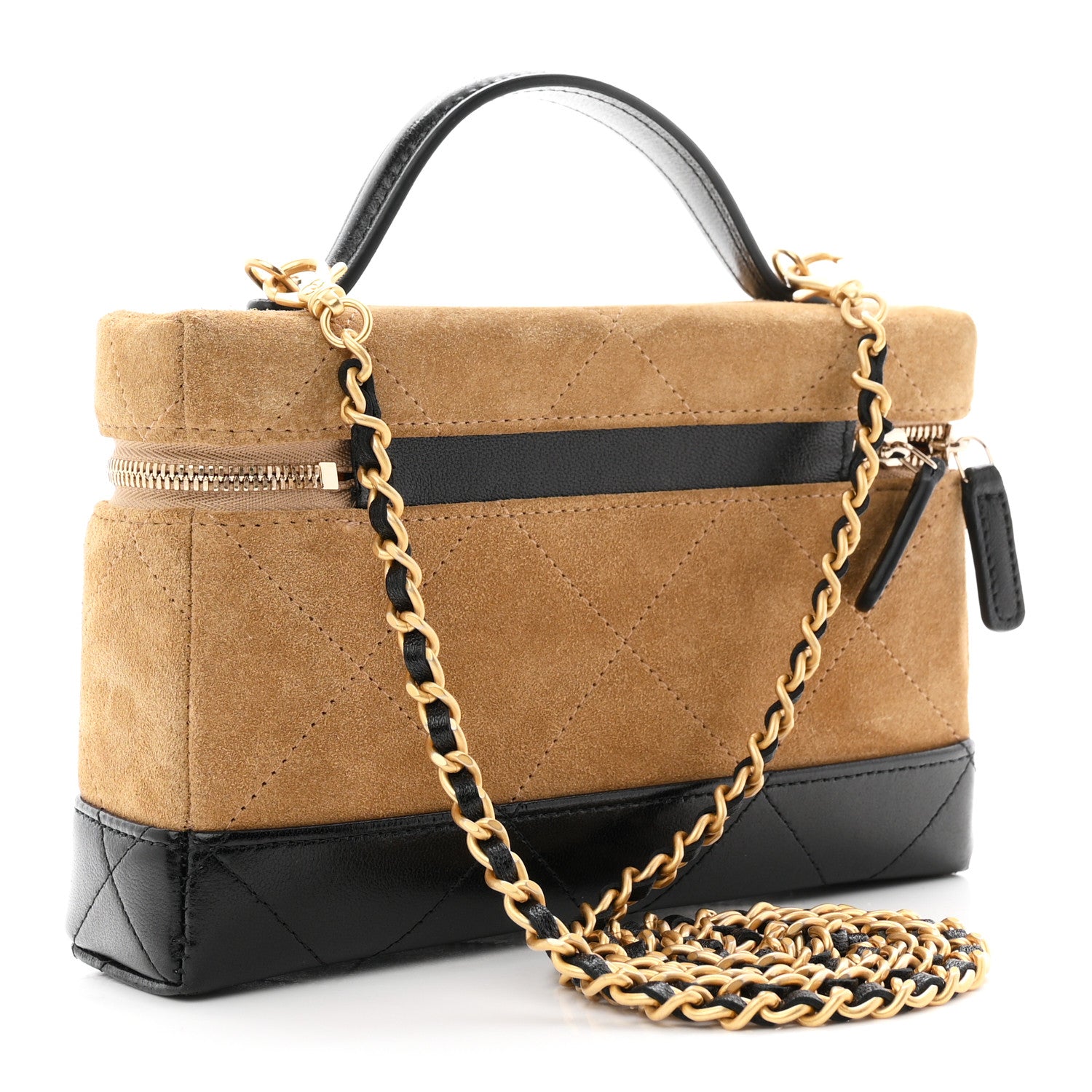 Chanel Suede Calfskin Shiny Lambskin Quilted Top Handle Slim Vanity Case With Chain Beige Black 3 of 11