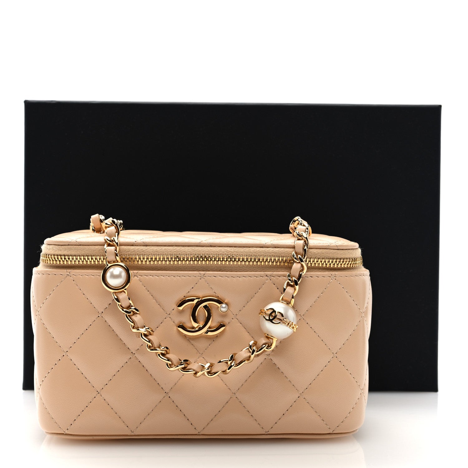 Chanel Shiny Lambskin Pearl Quilted Small Vanity Case With Chain Beige 12 of 12