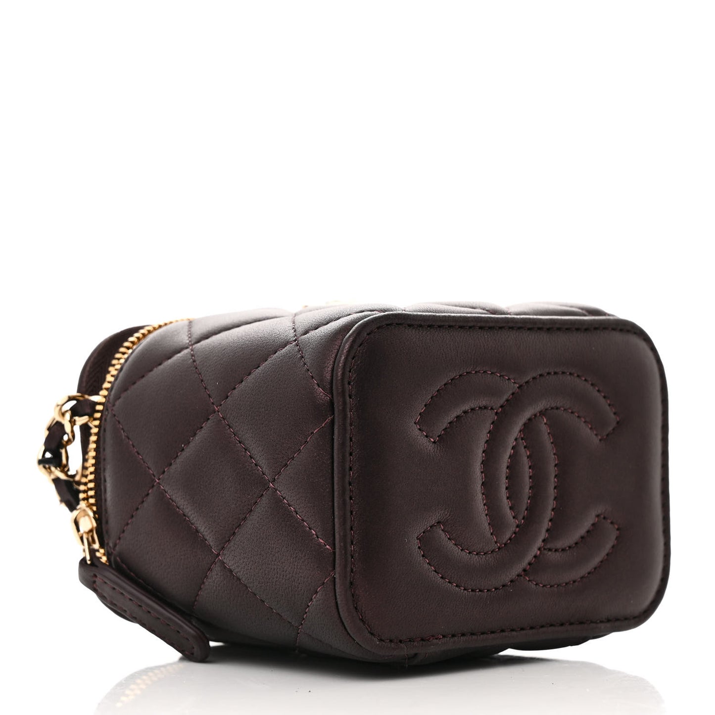 Iridescent Lambskin Quilted Mini Top Handle Vanity Case With Chain Burgundy