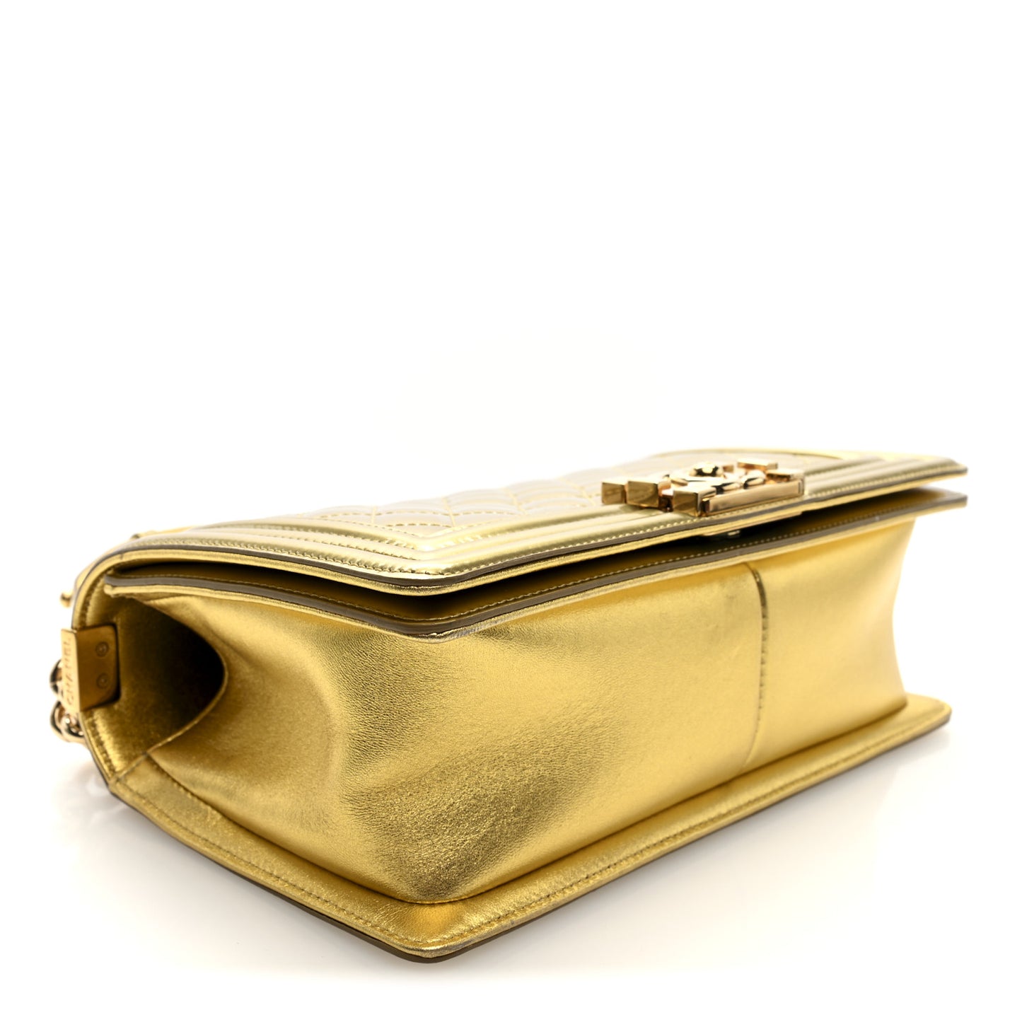 Metallic Patent Calfskin Quilted Medium Boy Flap Gold