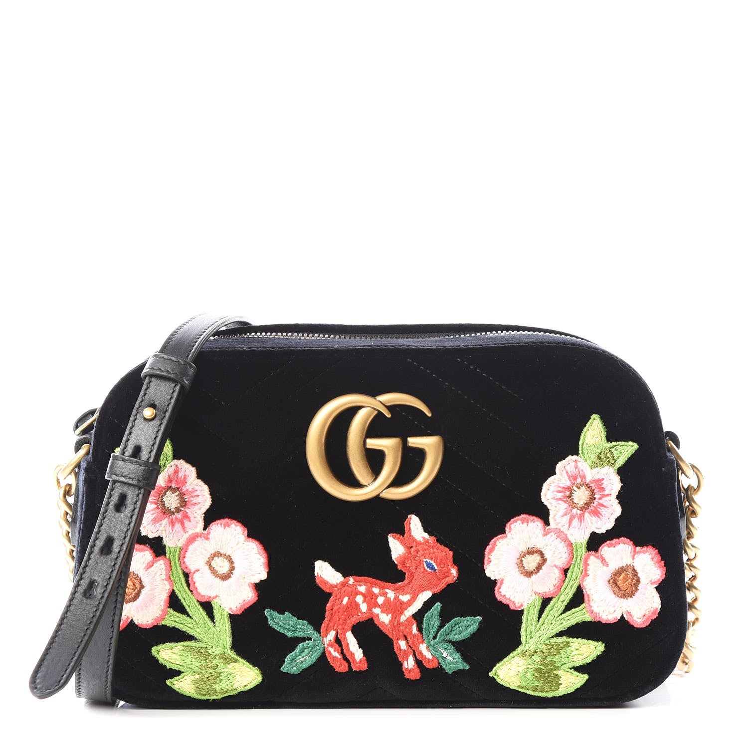 Gucci Velvet Matelasse Deer Embroidered Small GG Marmont Chain Shoulder Bag Black 1 of 9