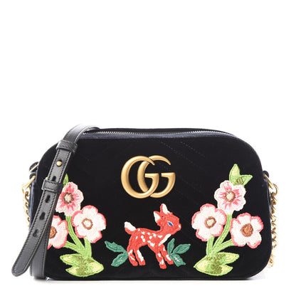 Gucci Velvet Matelasse Deer Embroidered Small GG Marmont Chain Shoulder Bag Black 1 of 9