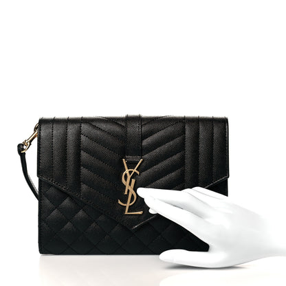 Saint Laurent Grain De Poudre Textured Mixed Matelasse Triquilt Monogram Clutch Black 2 of 11