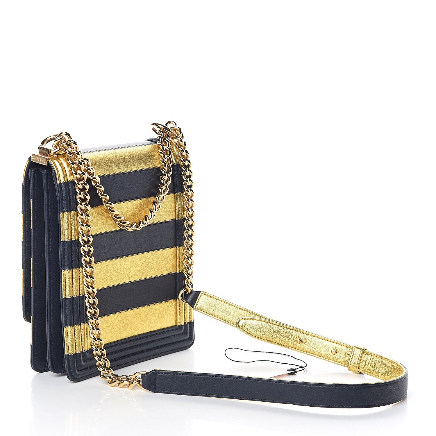 Chanel Metallic Lambskin Striped North South Boy Flap Navy Gold 2 of 8