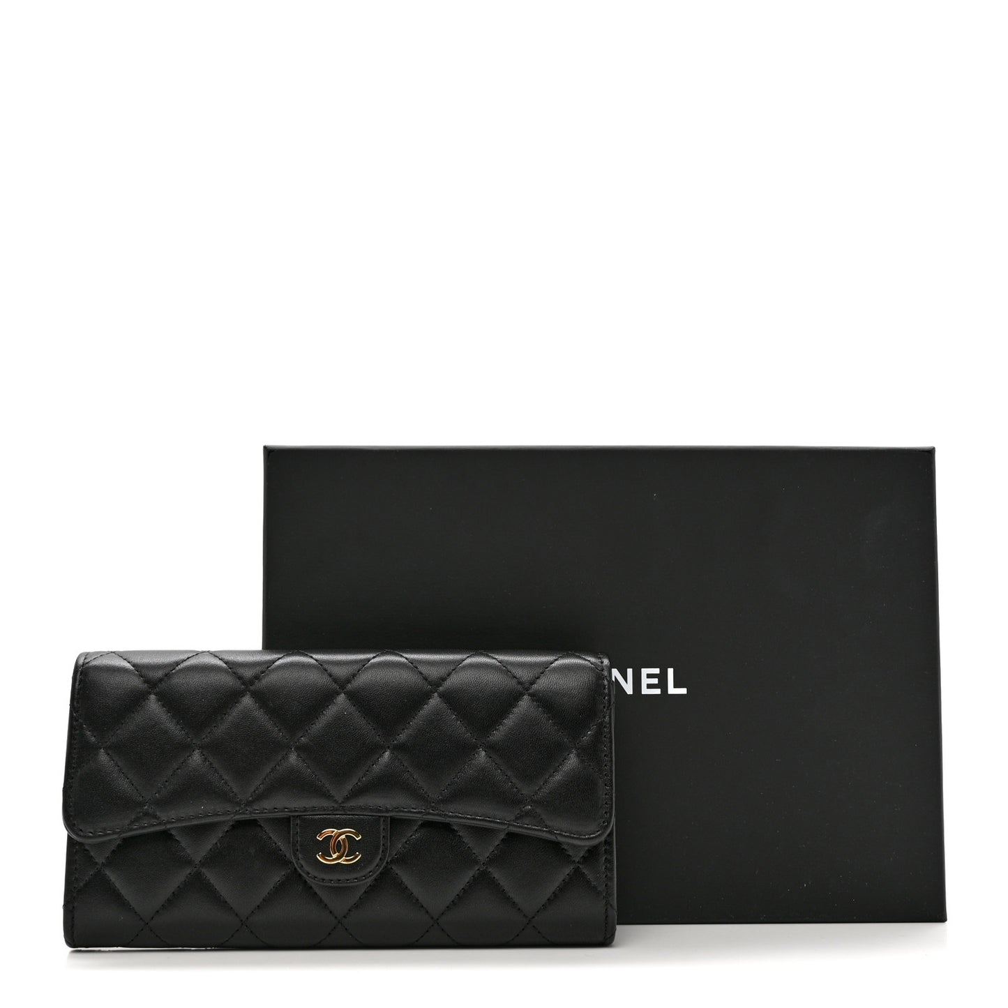 Lambskin Quilted Large Gusset Flap Wallet Black