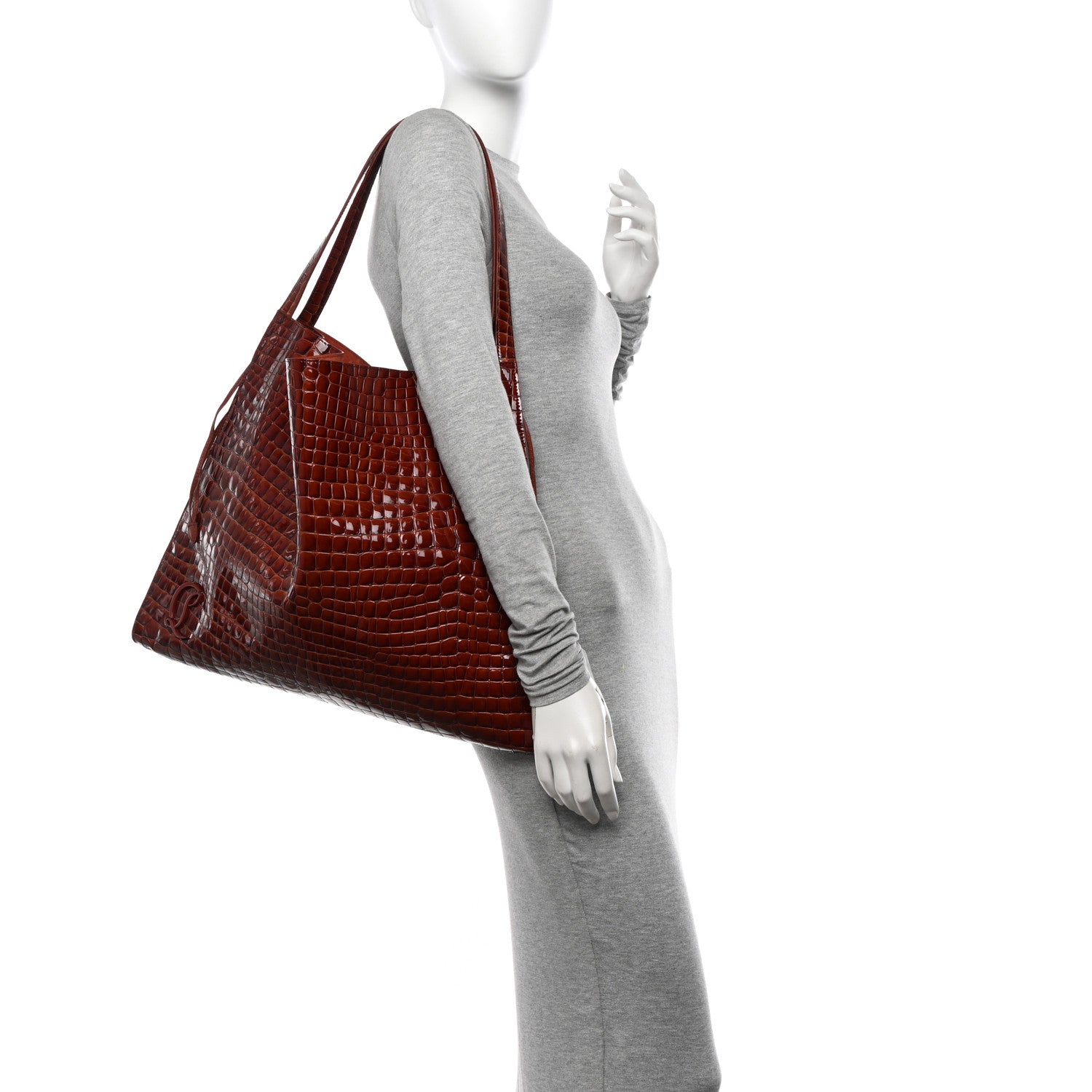 Christian Louboutin Patent Calfskin Crocodile Embossed Le 54 Tote Acajou 2 of 11