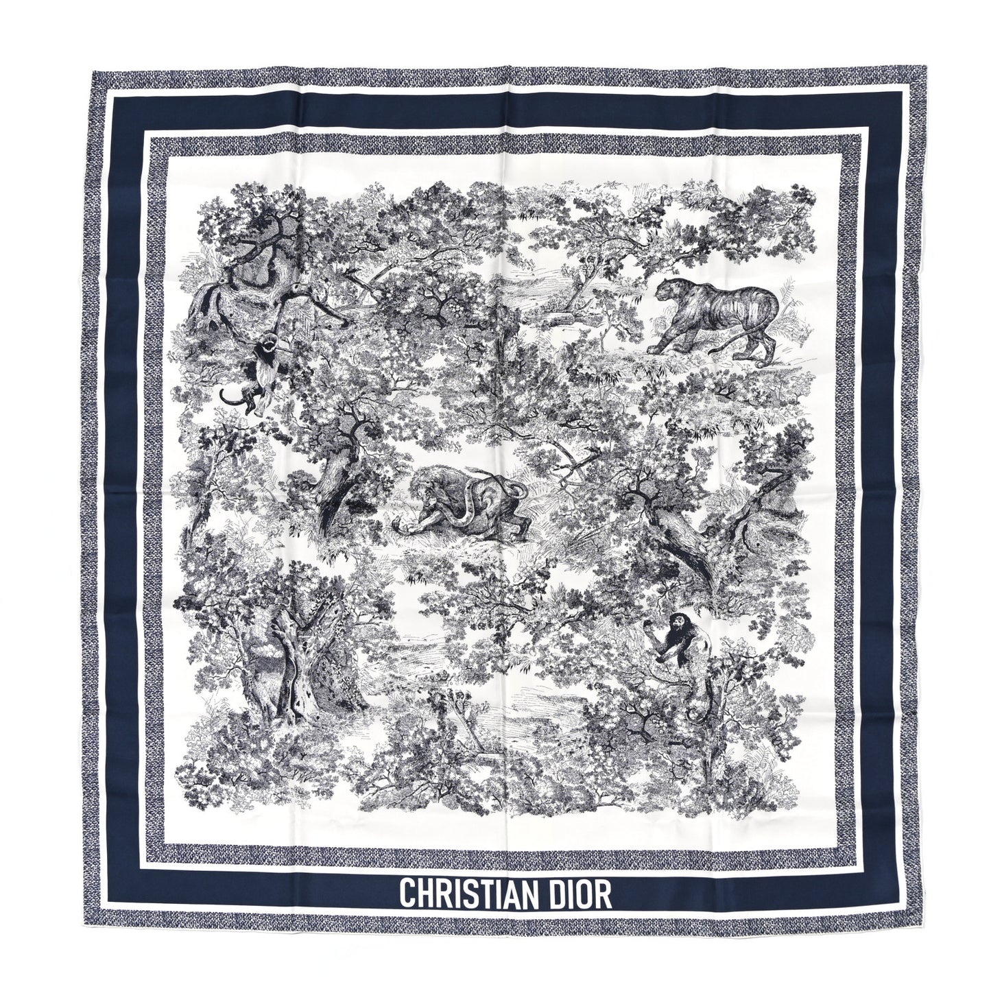 Silk Toile De Jouy Sauvage Square Scarf 90 Ivory Navy Blue