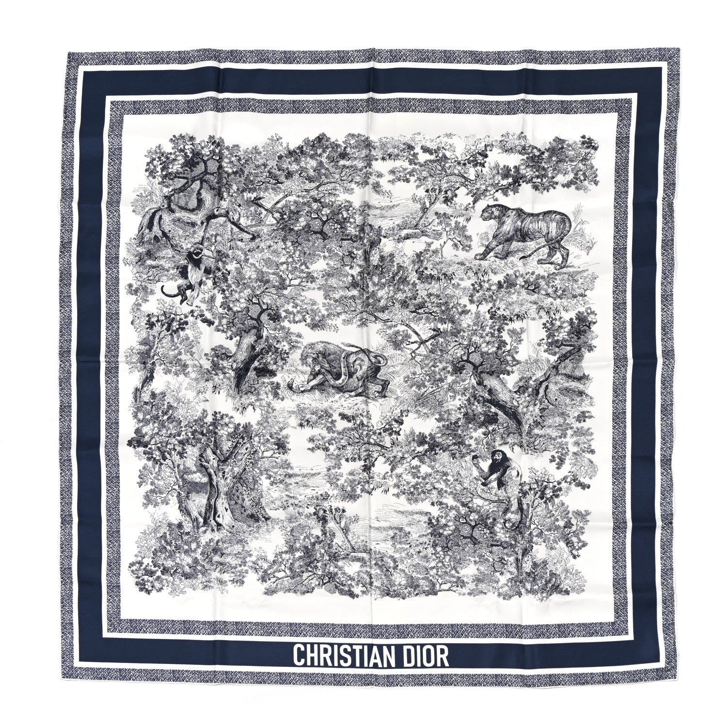 Christian Dior Silk Toile De Jouy Sauvage Square Scarf 90 Ivory Navy Blue 1 of 4
