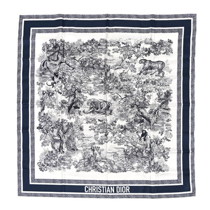 Christian Dior Silk Toile De Jouy Sauvage Square Scarf 90 Ivory Navy Blue 1 of 4