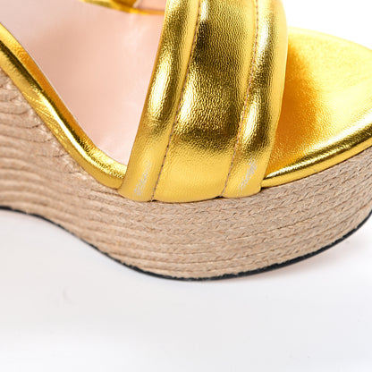 Gucci Metallic Nappa Ophelia Espadrille Platform Wedge Sandals 40 Oro Vecchio 10 of 13