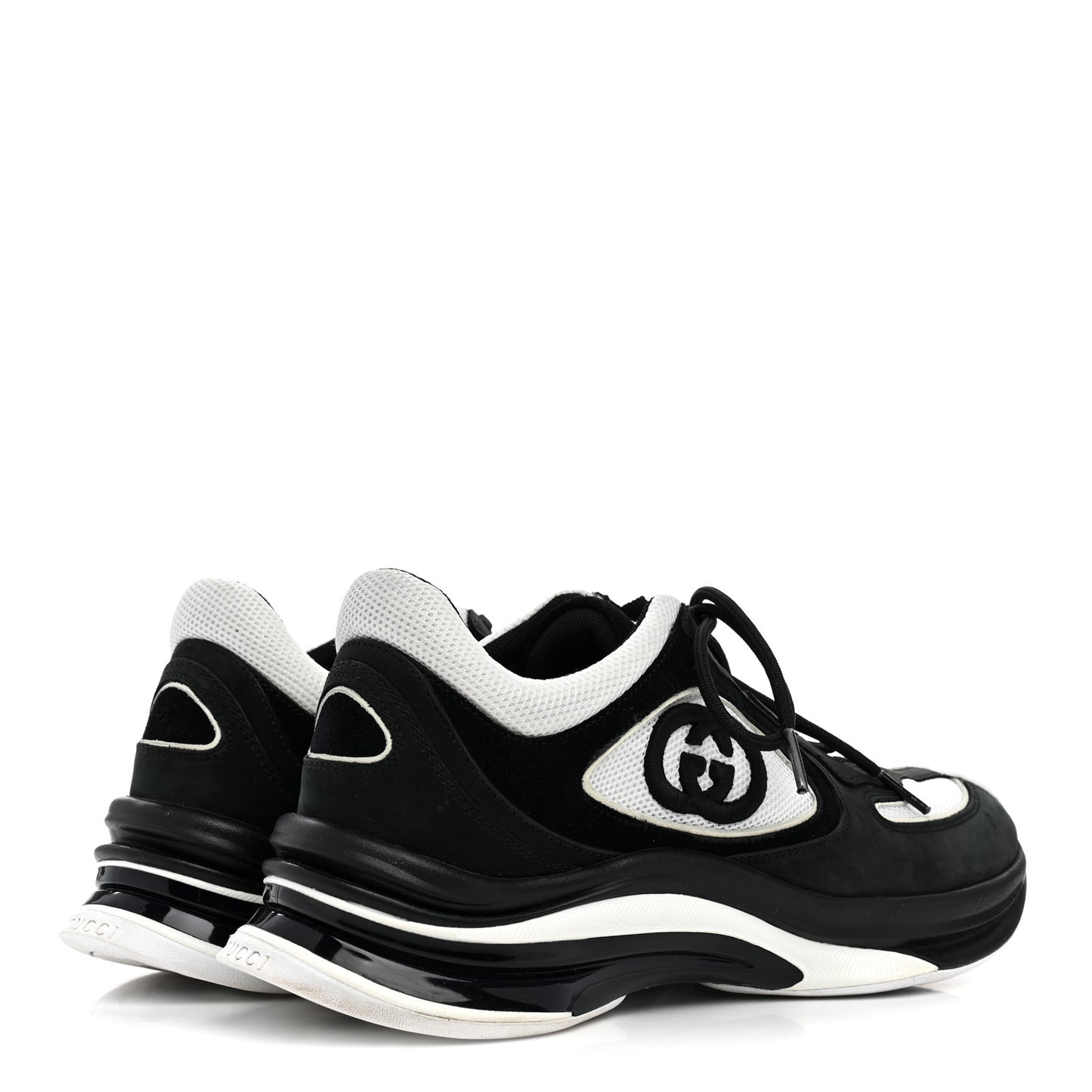 Technical Knit Fabric Suede Calfskin Womens Gucci Run Sneakers 39.5 Black White