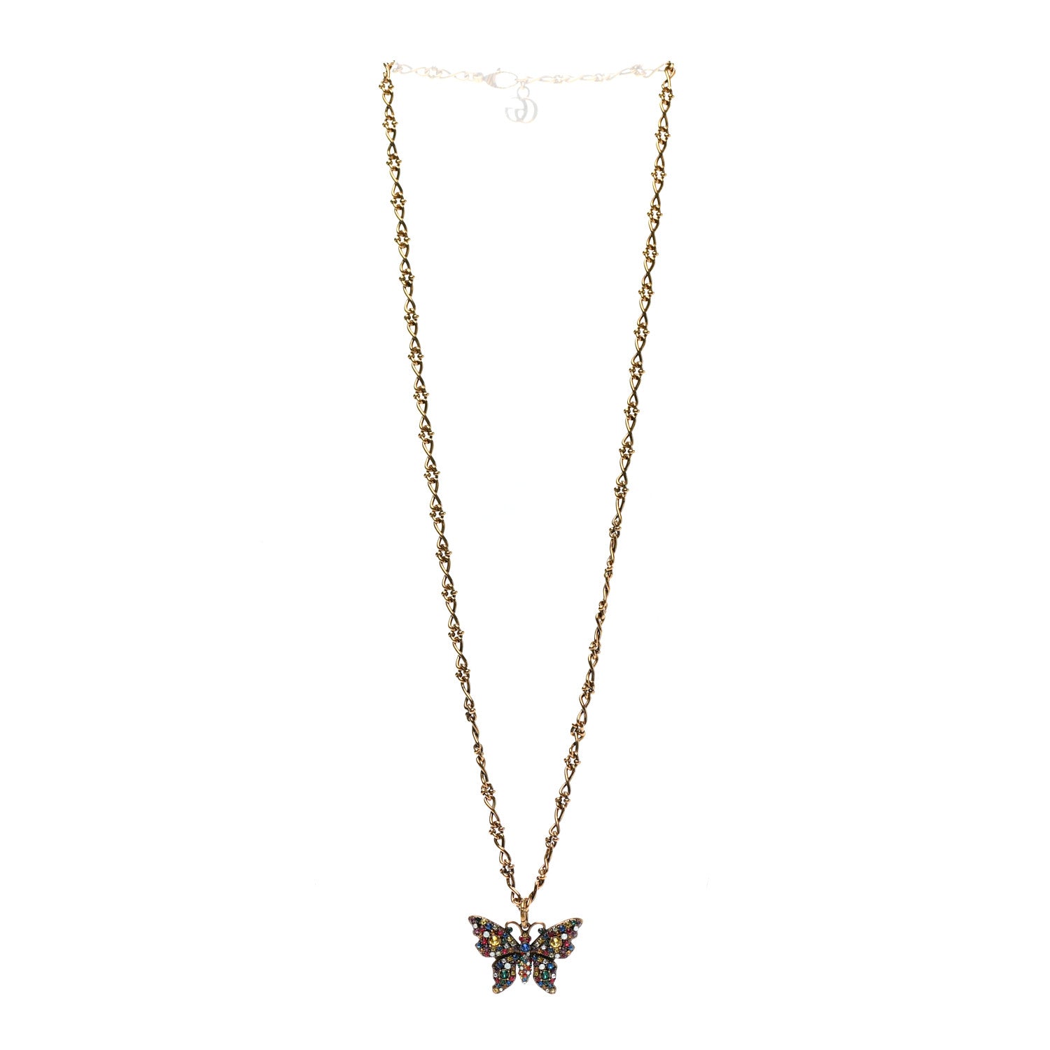 Gucci Metal Crystal Butterfly Necklace Aged Gold Multicolor 3 of 8