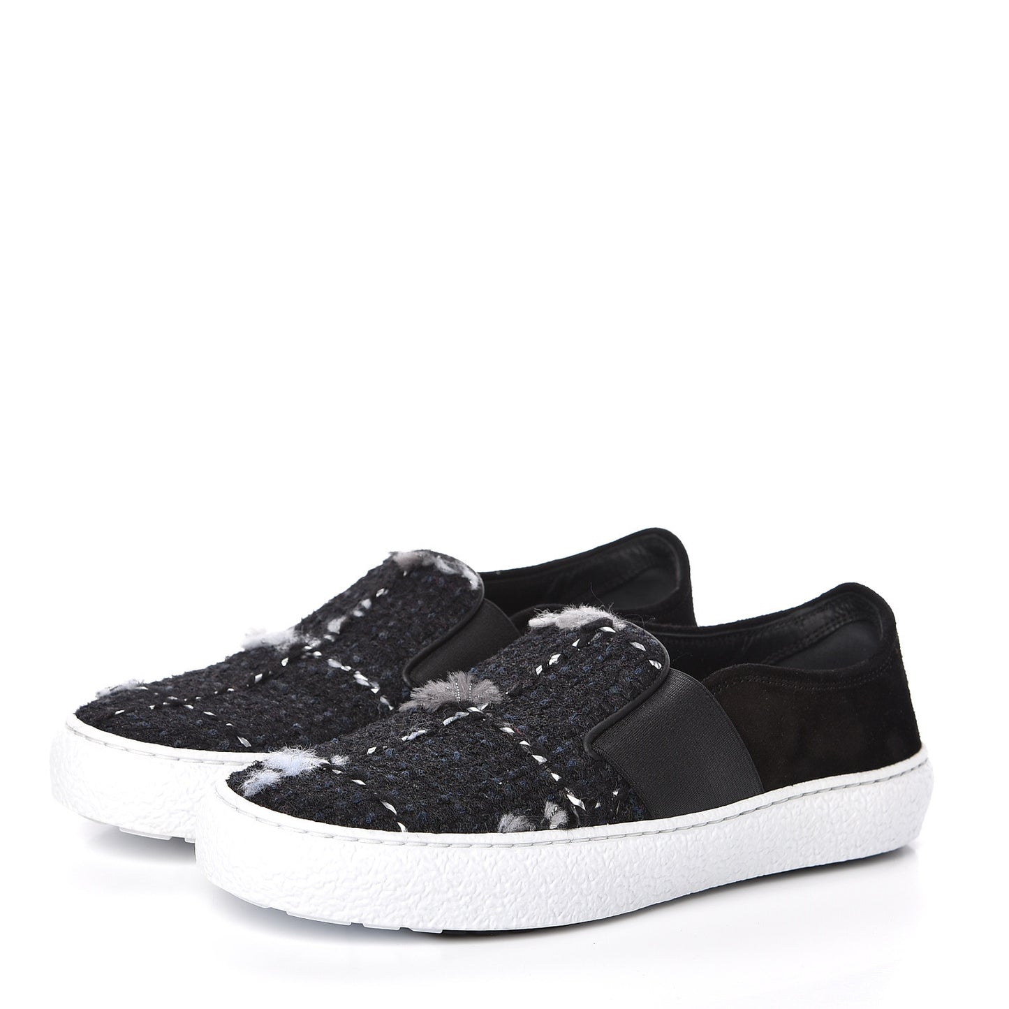Suede Calfskin Tweed Womens Slip On Sneakers 35 Black Navy Silver