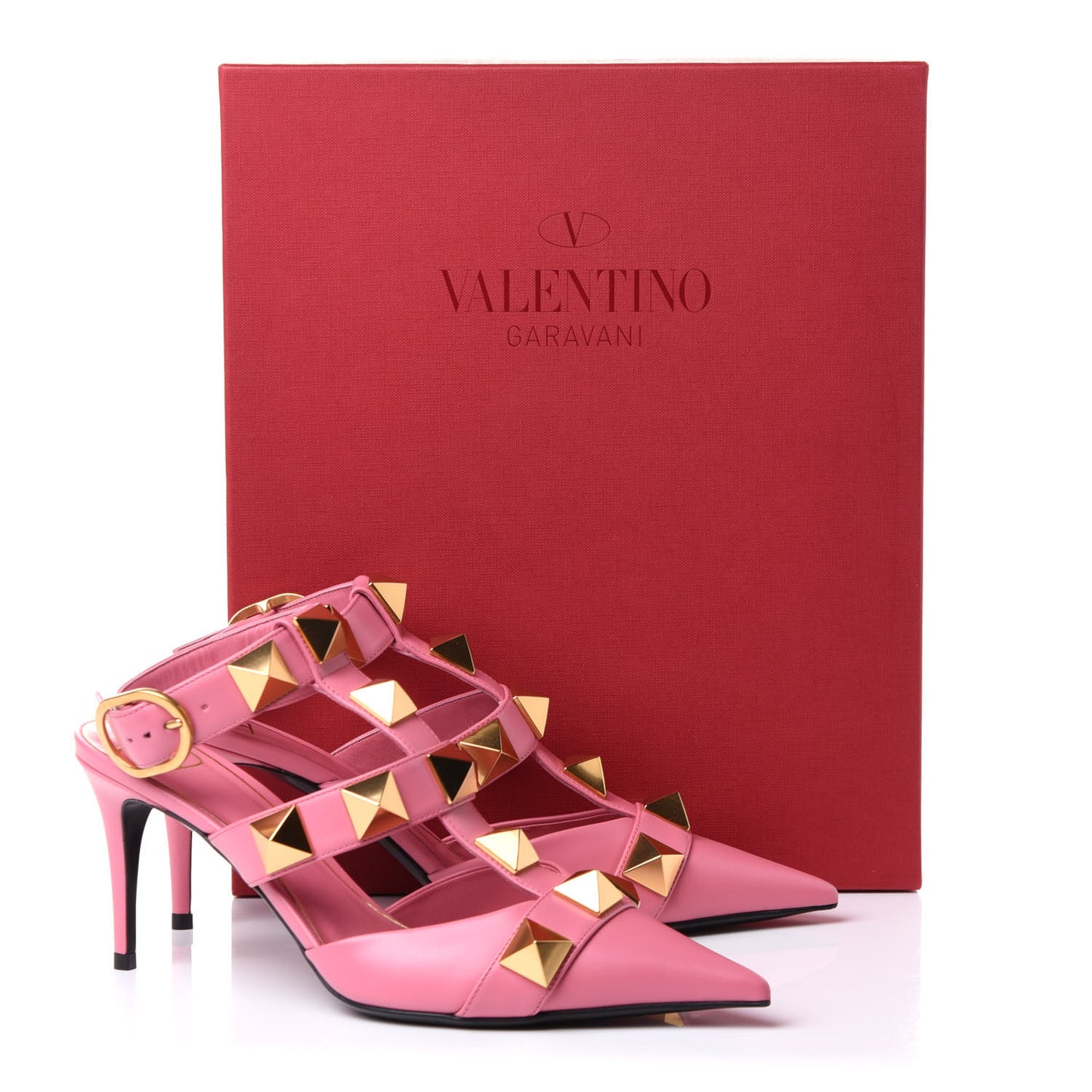 Calfskin Roman Stud Ankle Strap 80mm Pumps 36.5 Flamingo Pink