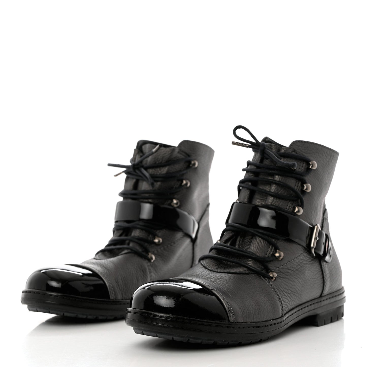 Metallic Grained Calfskin Patent Cap Toe Combat Short Boots 38.5 Dark Silver