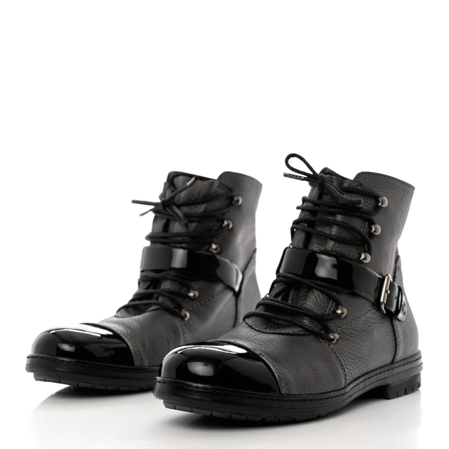 Chanel Metallic Grained Calfskin Patent Cap Toe Combat Short Boots 38.5 Dark Silver 3 of 12