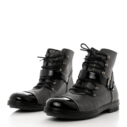 Chanel Metallic Grained Calfskin Patent Cap Toe Combat Short Boots 38.5 Dark Silver 3 of 12