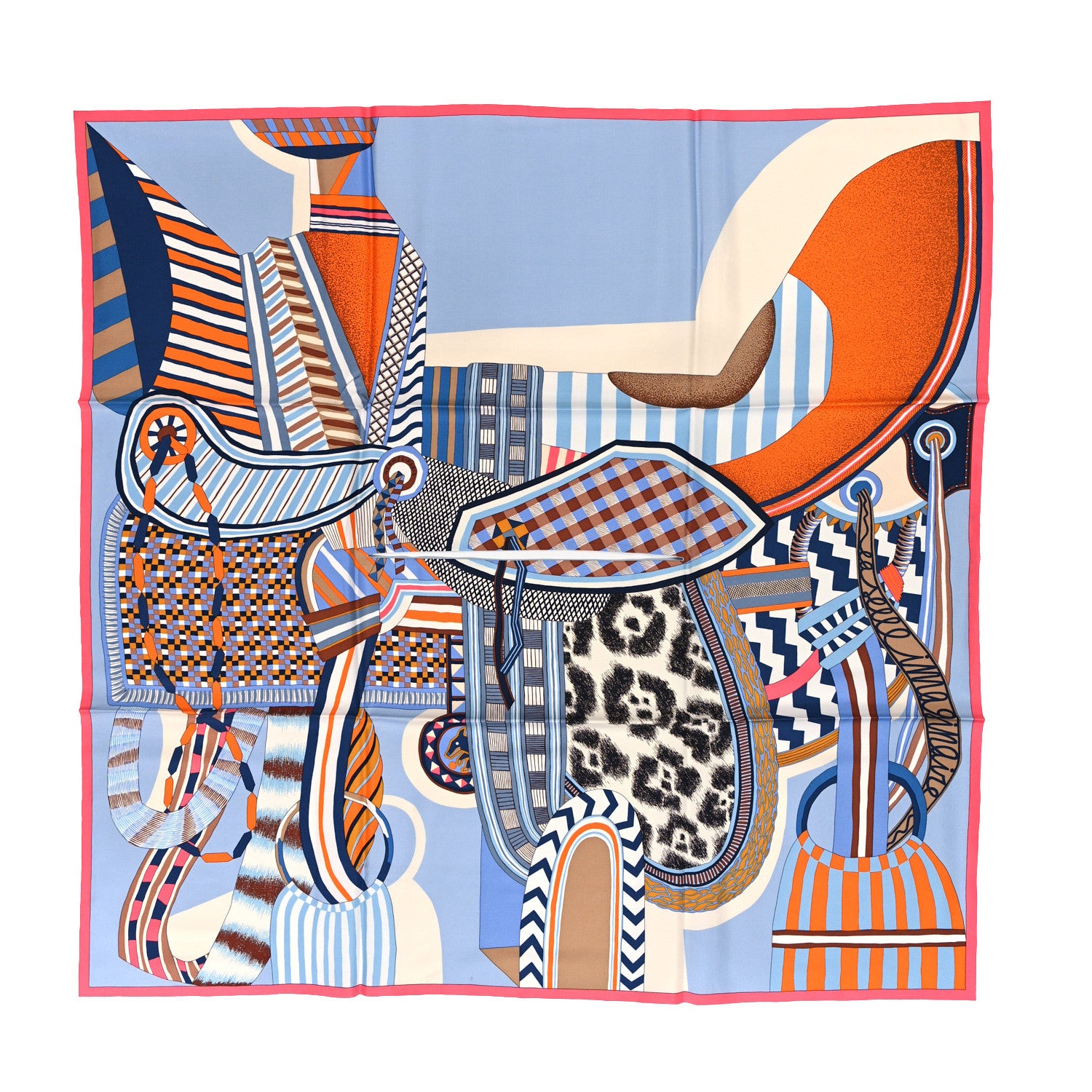 Hermes Silk La Selle Imaginaire Dossard Scarf 90 Bleu Tabac Grenadine 1 of 5