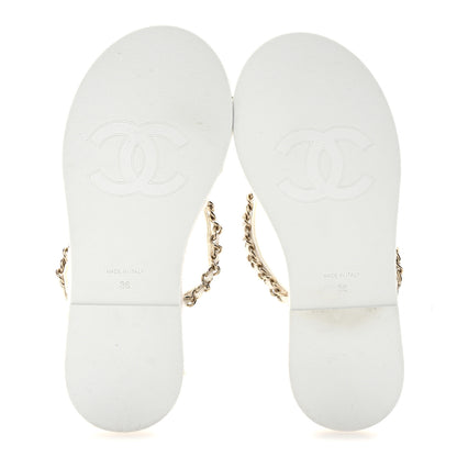 Chanel Lambskin Terry Cloth CC Chain Thong Sandals 36 White 6 of 10