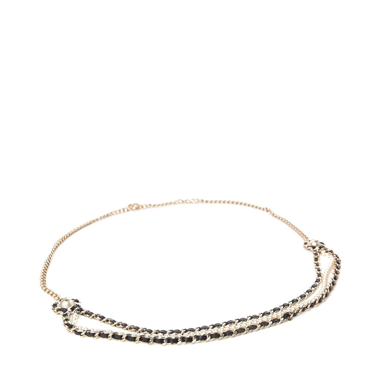 Lambskin Pearl Chain Camellia Fancy Belt 80 Black Gold