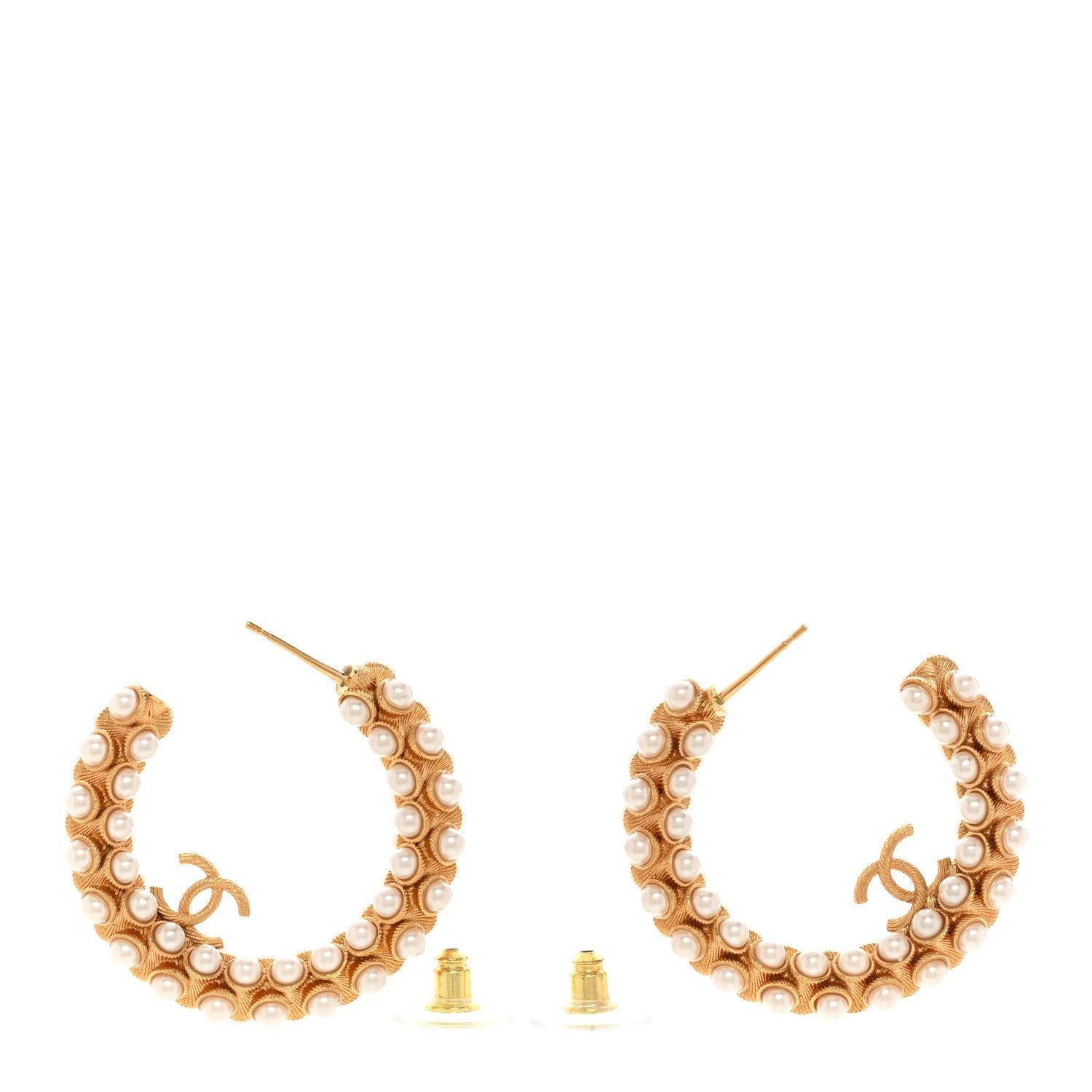 Chanel Metal Pearl CC Hoop Earrings Gold 3 of 5