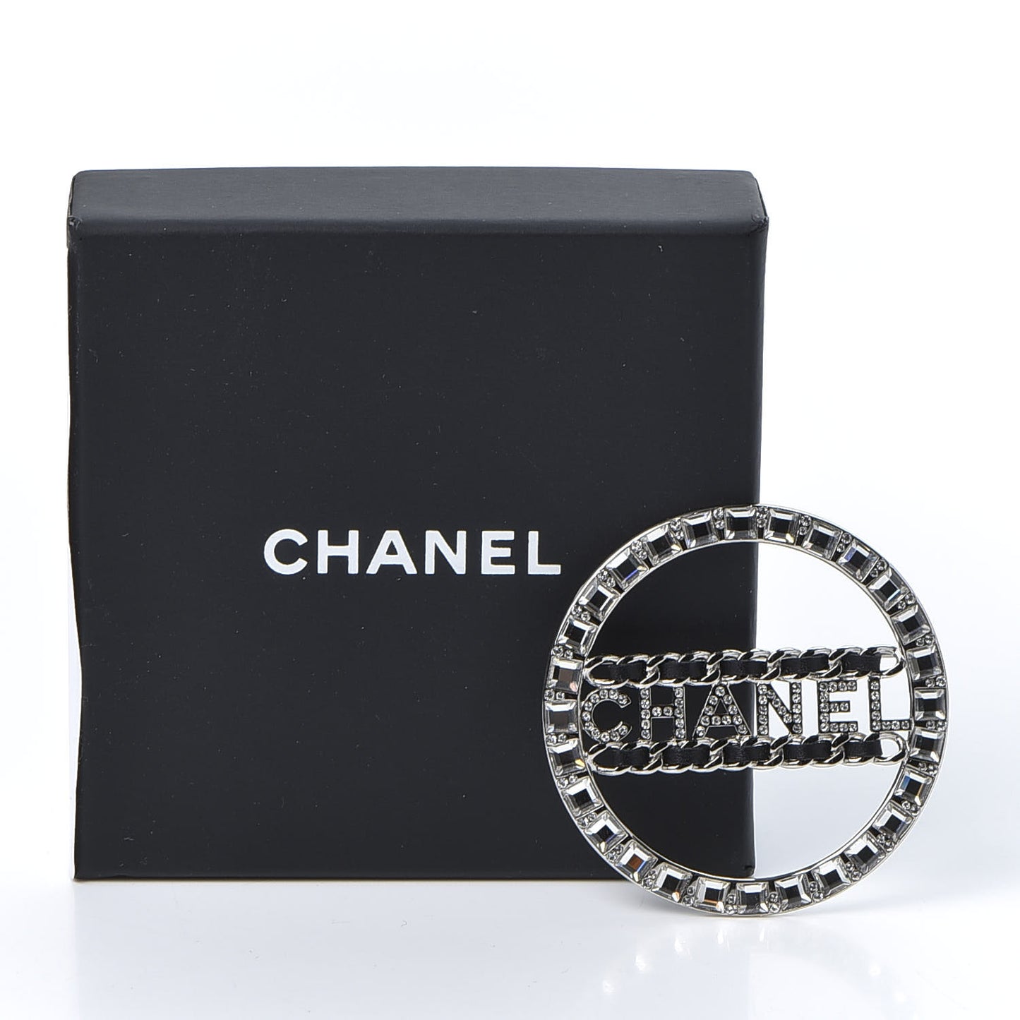 Lambskin Baguette Crystal Logo Brooch Black Silver