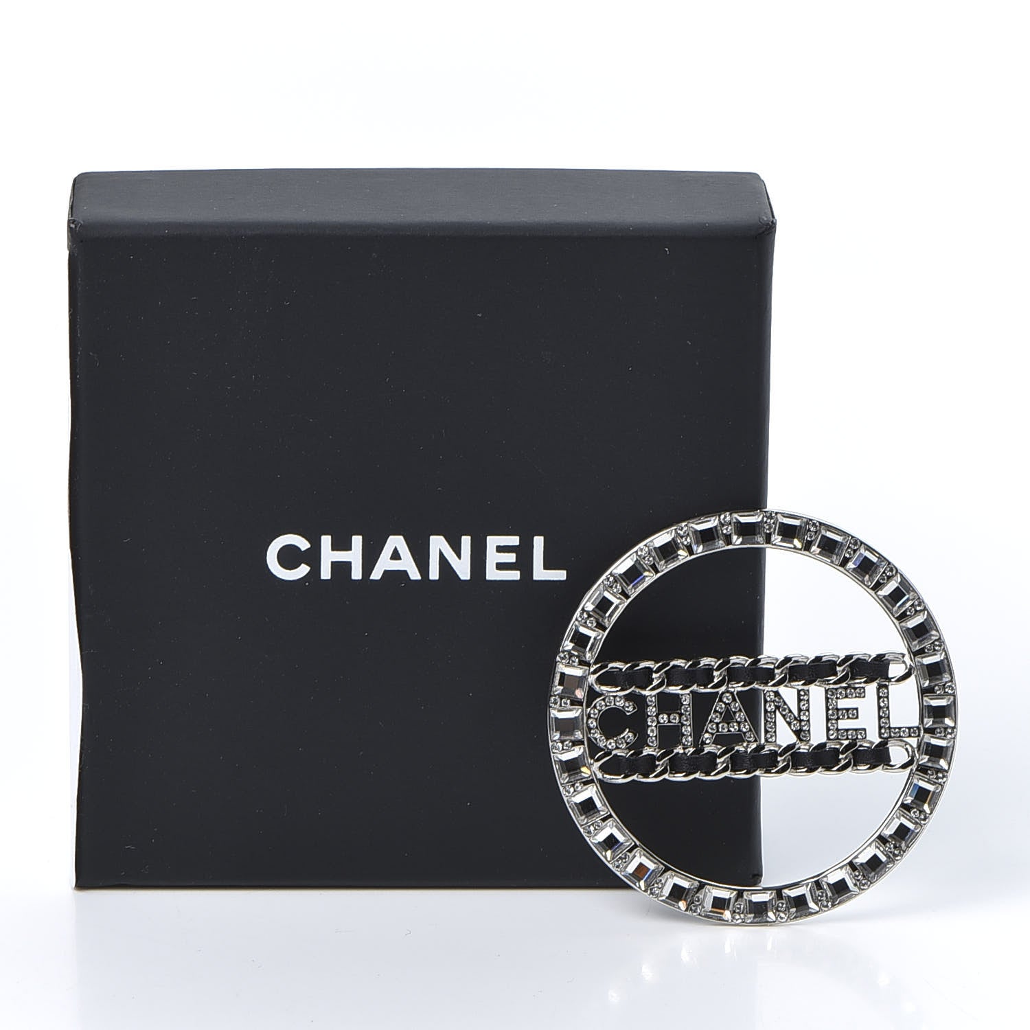 Chanel Lambskin Baguette Crystal Logo Brooch Black Silver 4 of 4