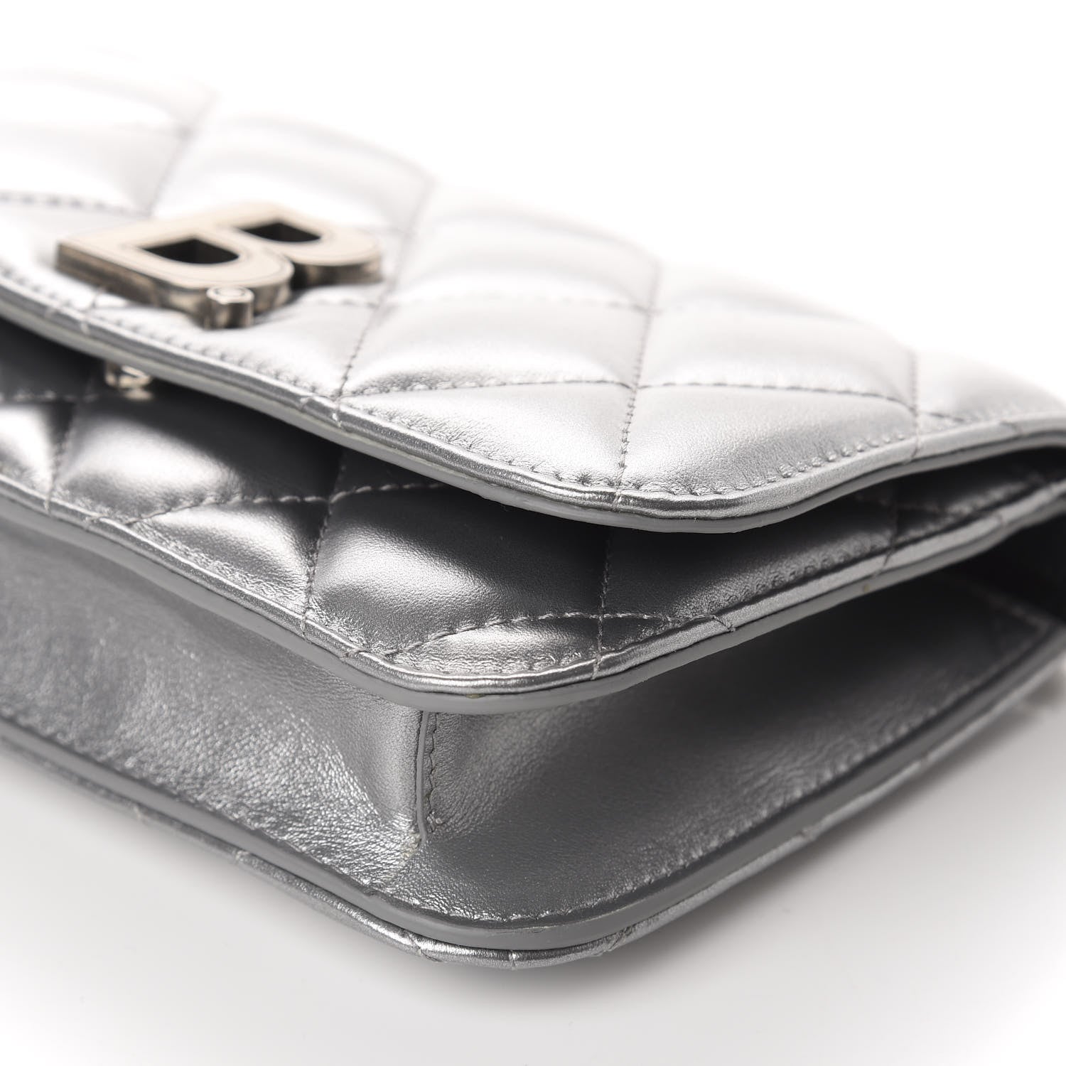 Balenciaga Metallic Calfskin Quilted Touch B Wallet On Chain Silver 7 of 9