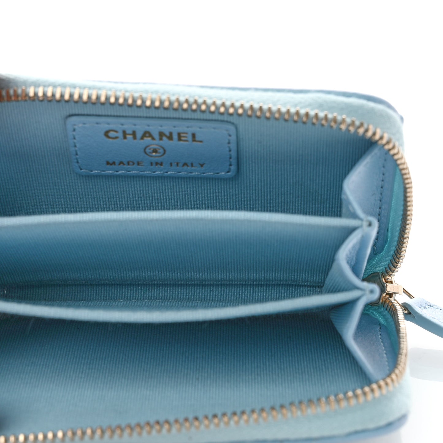 Iridescent Calfskin Quilted Zip Coin Purse Wallet Light Blue