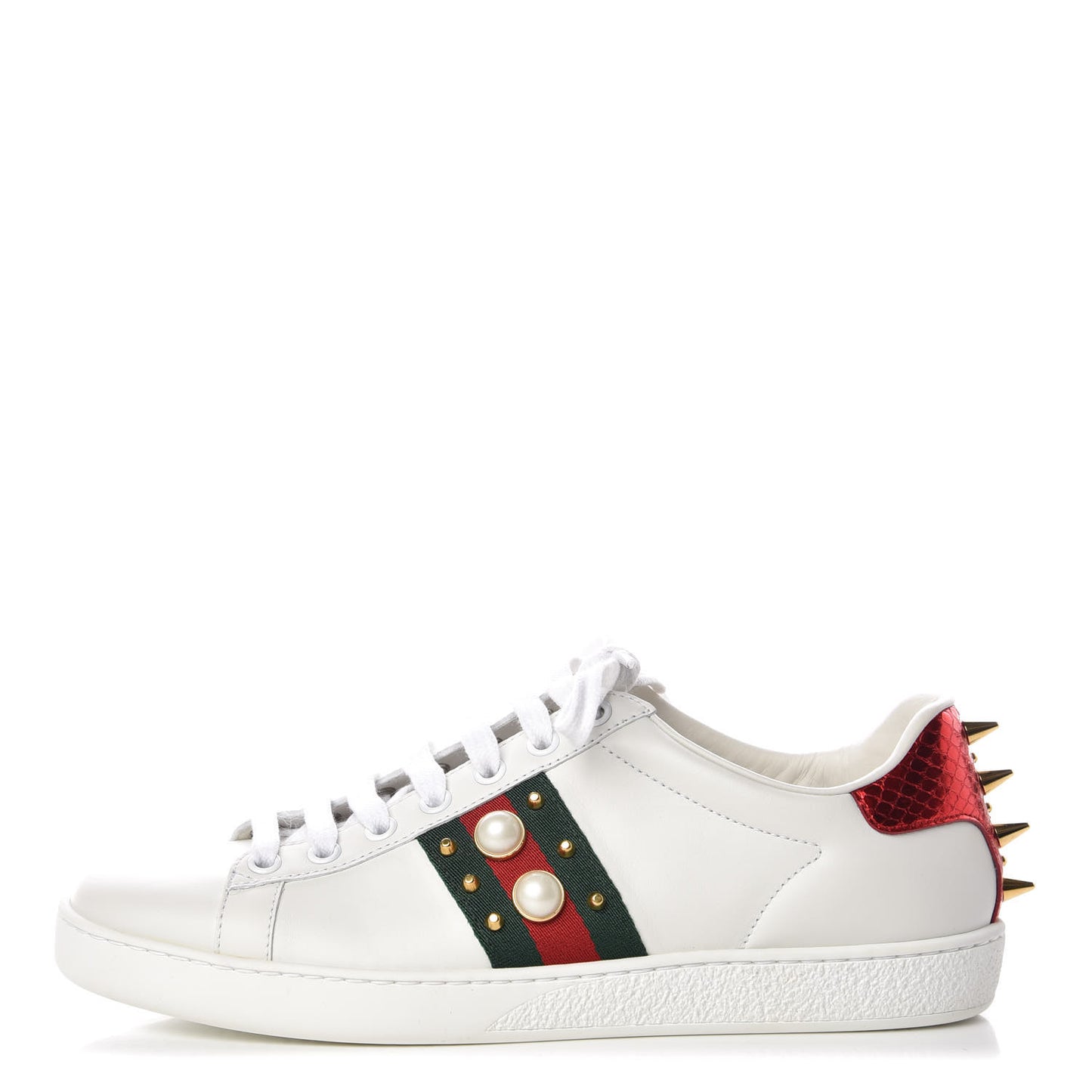 Calfskin Web Pearl Studded Womens Ace Sneakers 37.5 White