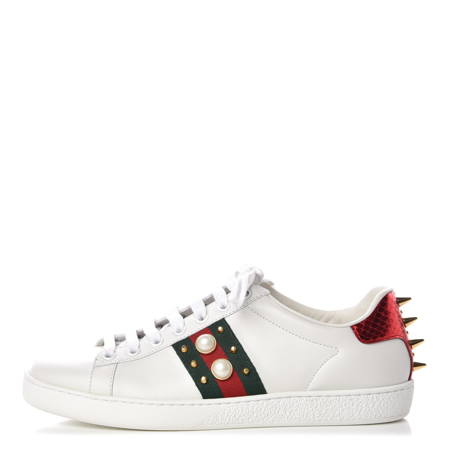 Gucci Calfskin Web Pearl Studded Womens Ace Sneakers 37.5 White 1 of 9