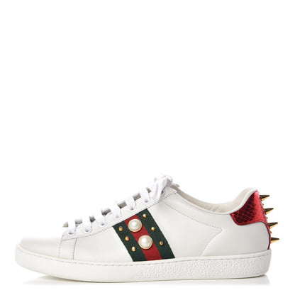 Gucci Calfskin Web Pearl Studded Womens Ace Sneakers 37.5 White 1 of 9