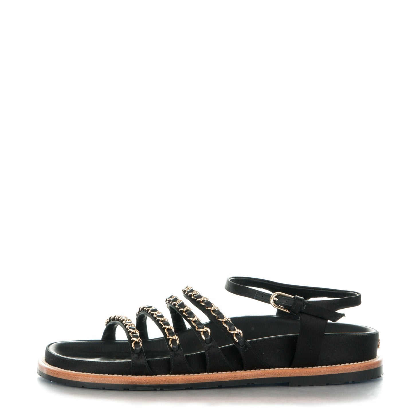 Satin Lambskin Chain Flat Sandals 39 Black