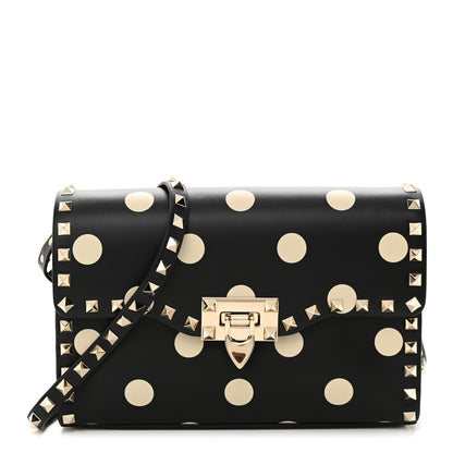 Valentino Garavani Vitello Polka Dot Medium Rockstud Flip Lock Crossbody Bag Black Light Ivory 1 of 10