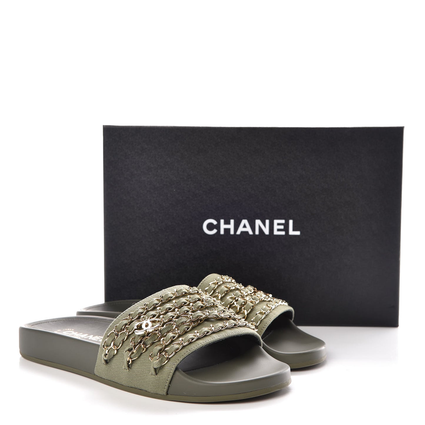 Canvas Chain Flat Sandals 39 Khaki