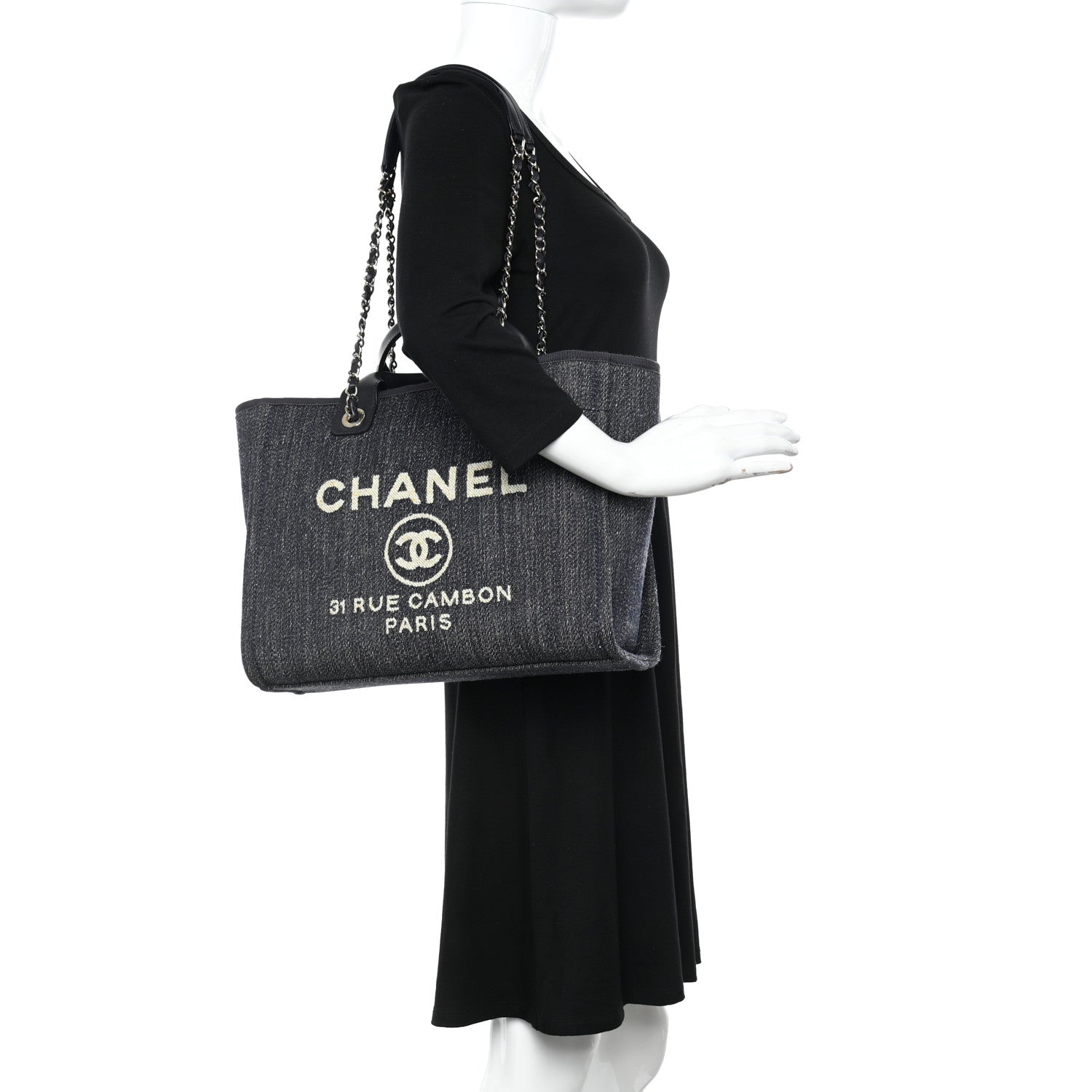 Chanel Denim Medium Deauville Tote Dark Blue White 2 of 13