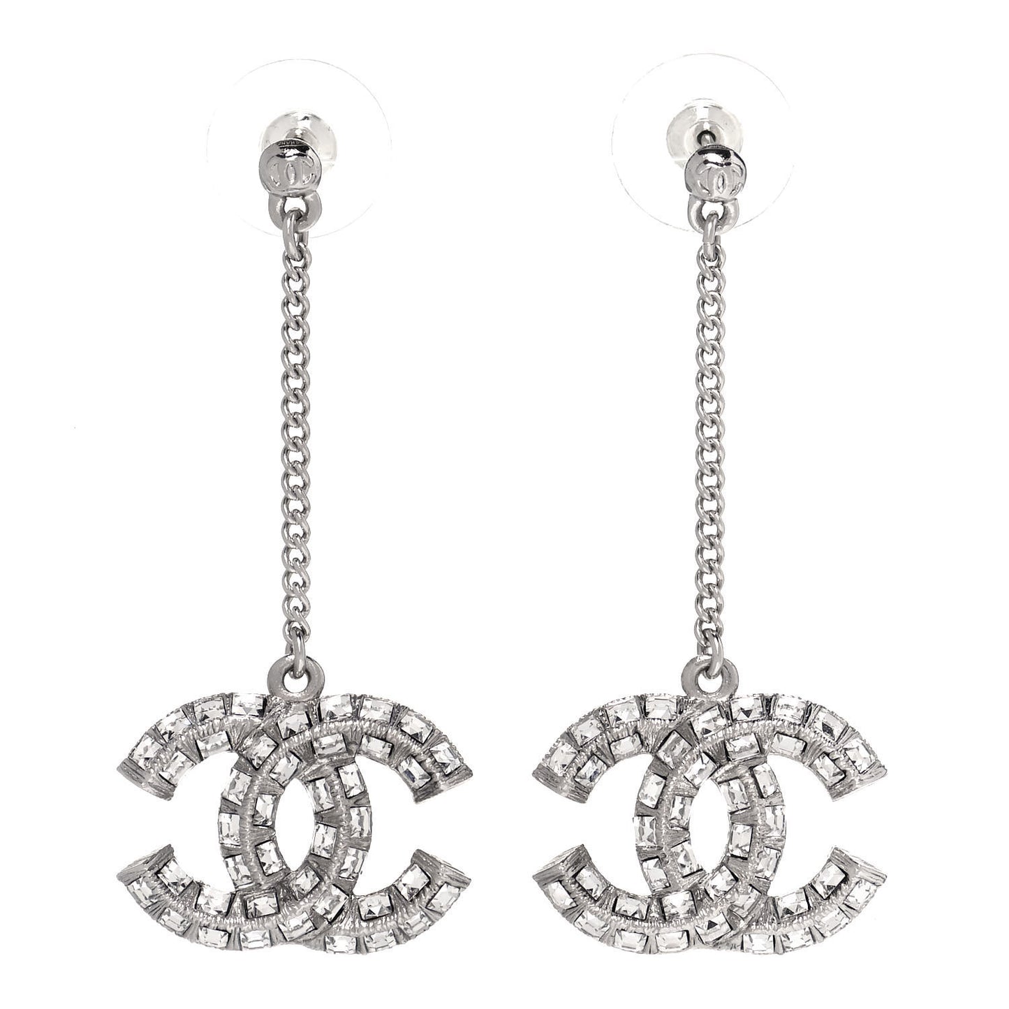 Baguette Crystal CC Drop Earrings Silver