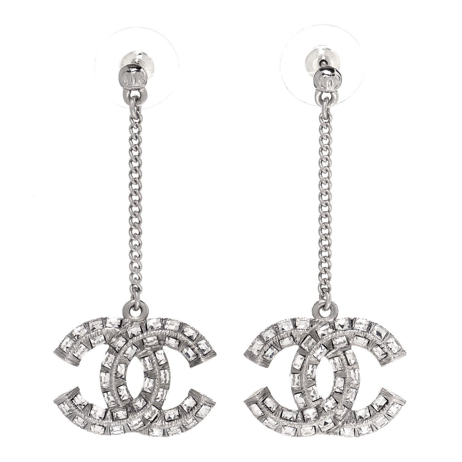 Chanel Baguette Crystal CC Drop Earrings Silver 1 of 4