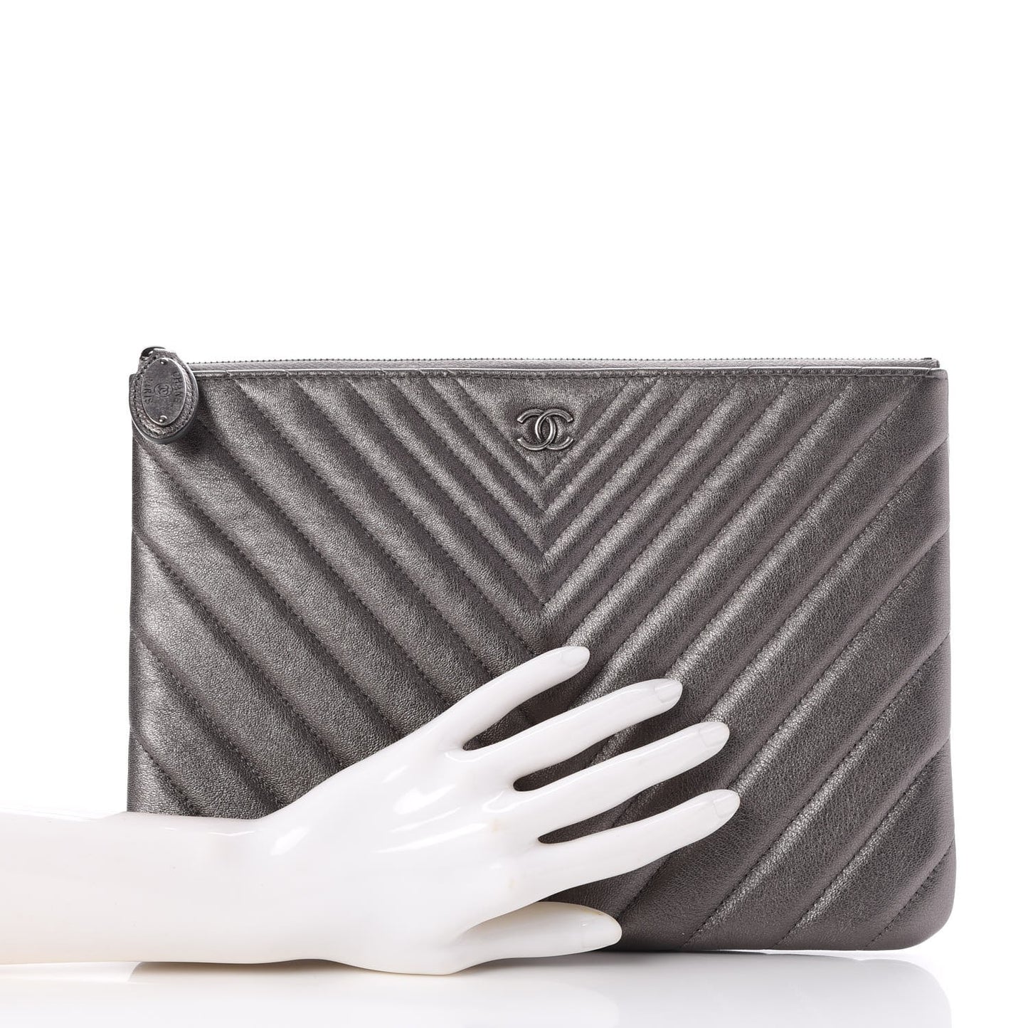 Metallic Calfskin Chevron Quilted Medium Cosmetic Case Dark Silver