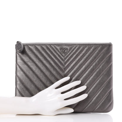 Chanel Metallic Calfskin Chevron Quilted Medium Cosmetic Case Dark Silver 2 of 8