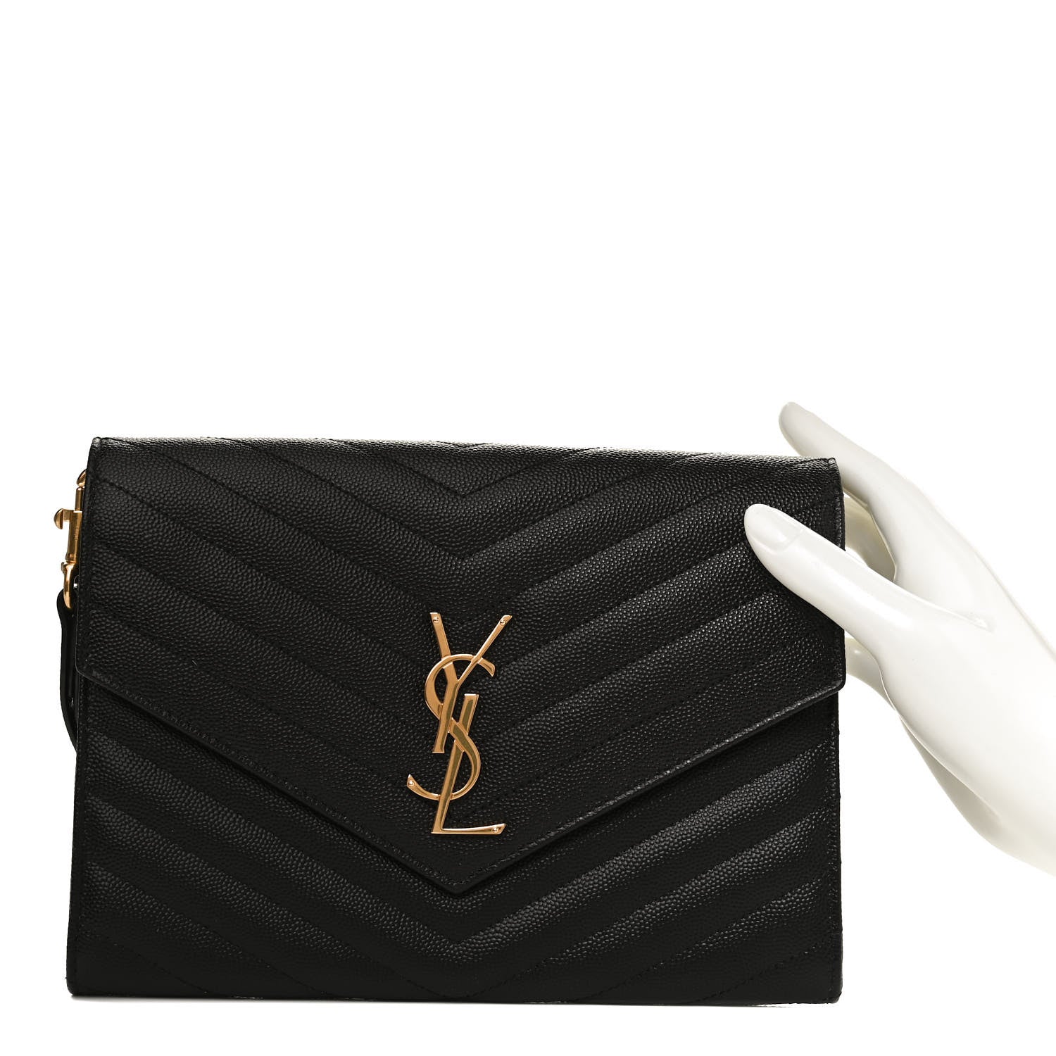 Saint Laurent Grain De Poudre Matelasse Chevron Monogram Envelope Clutch Black 2 of 10
