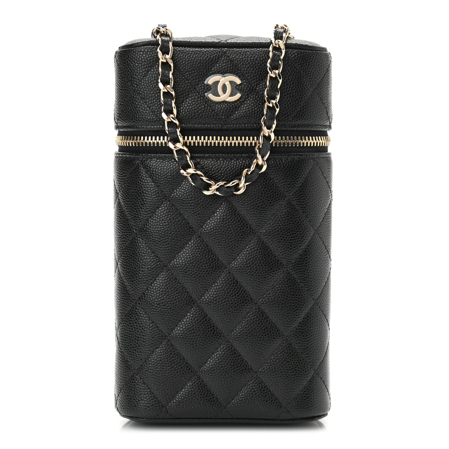 Caviar Quilted Phone Holder With Chain Black