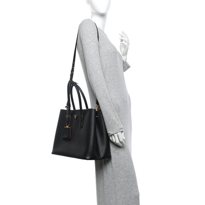 Prada Saffiano Cuir Medium Double Bag Black Fuoco 2 of 9
