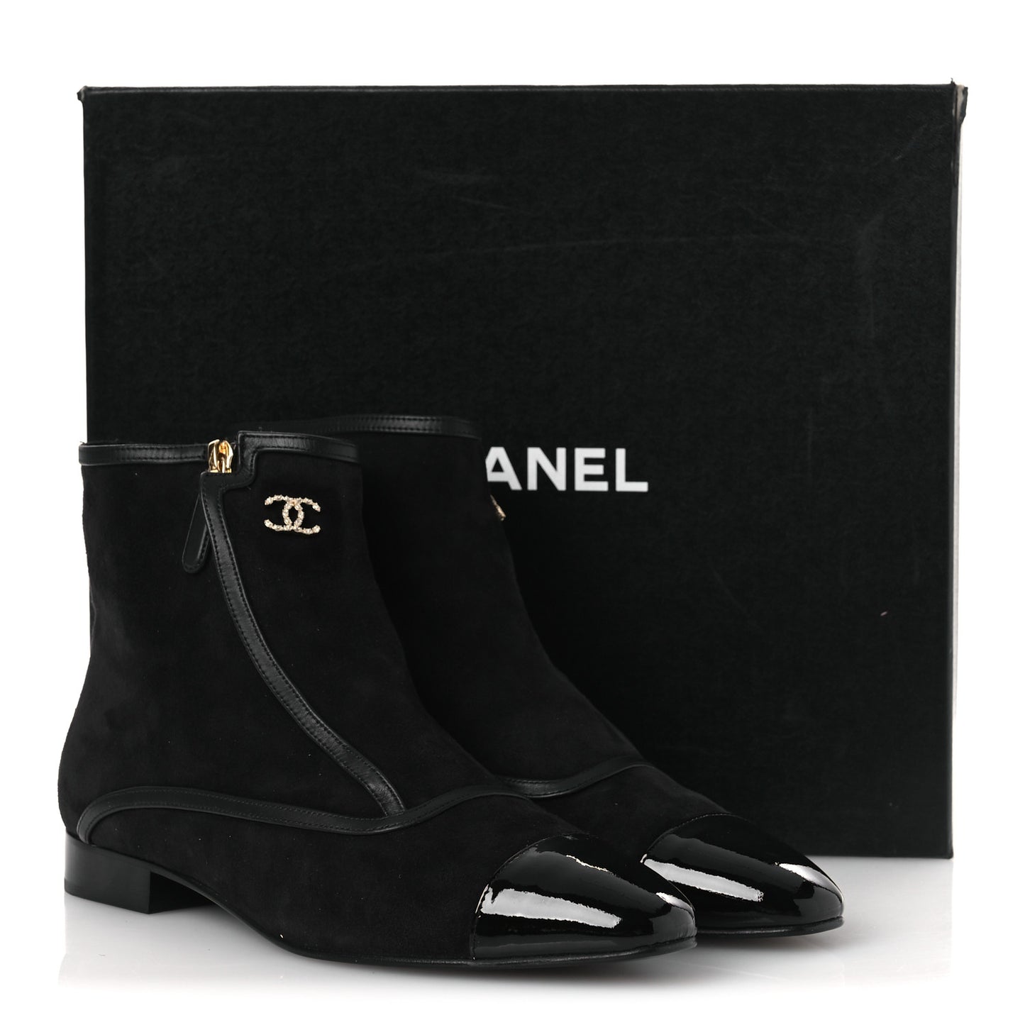 Suede Lambskin Patent Calfskin CC Cap Toe Ankle Boots 40 Black