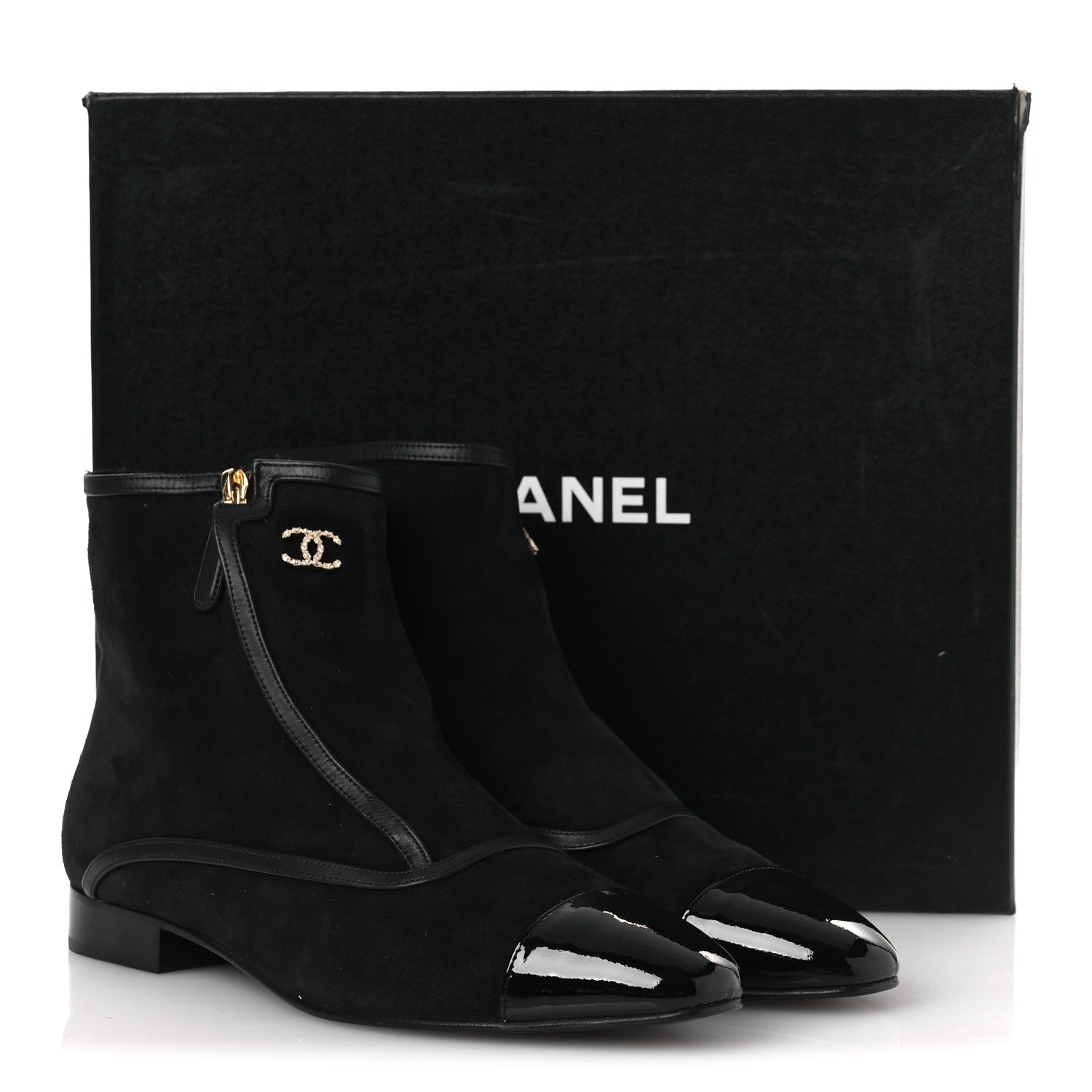 Chanel Suede Lambskin Patent Calfskin CC Cap Toe Ankle Boots 40 Black 12 of 12