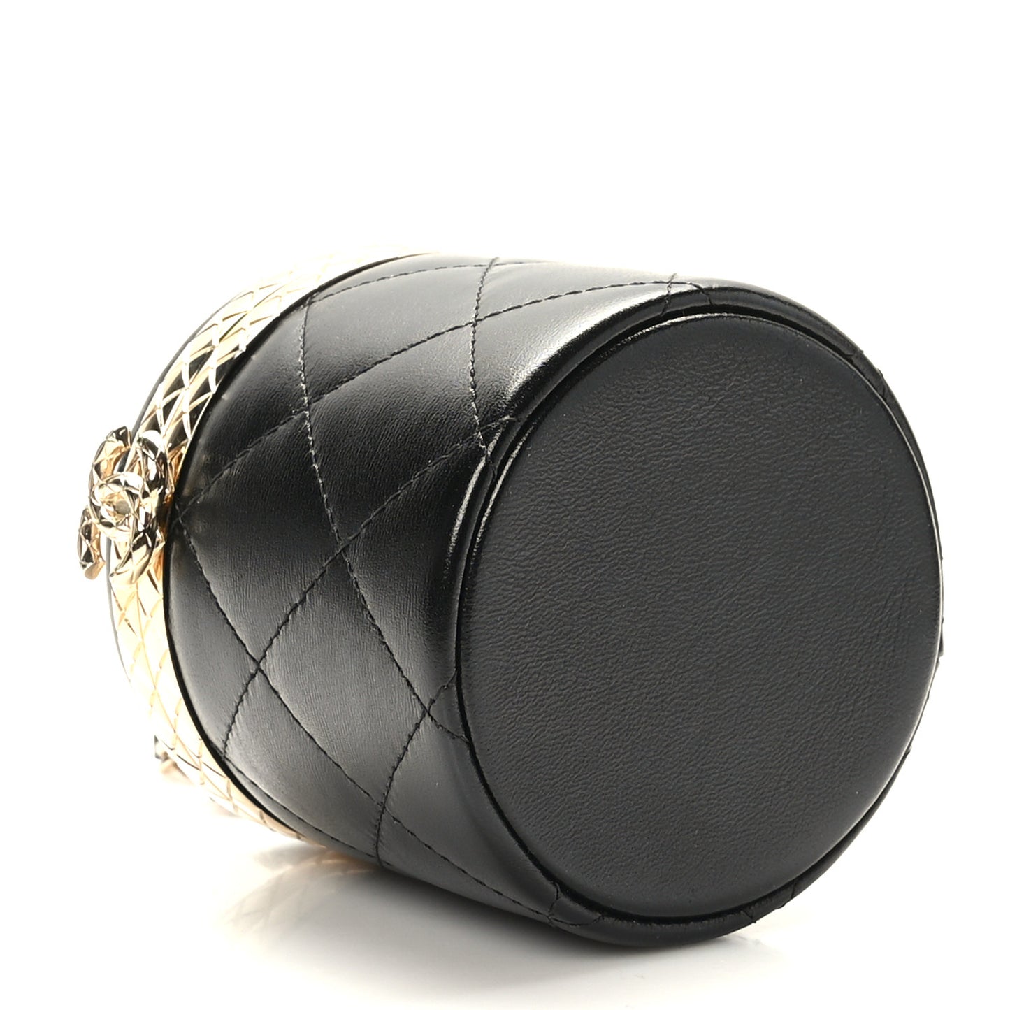 Metal Lambskin Quilted Mini Lock Frame Vanity Clutch Black