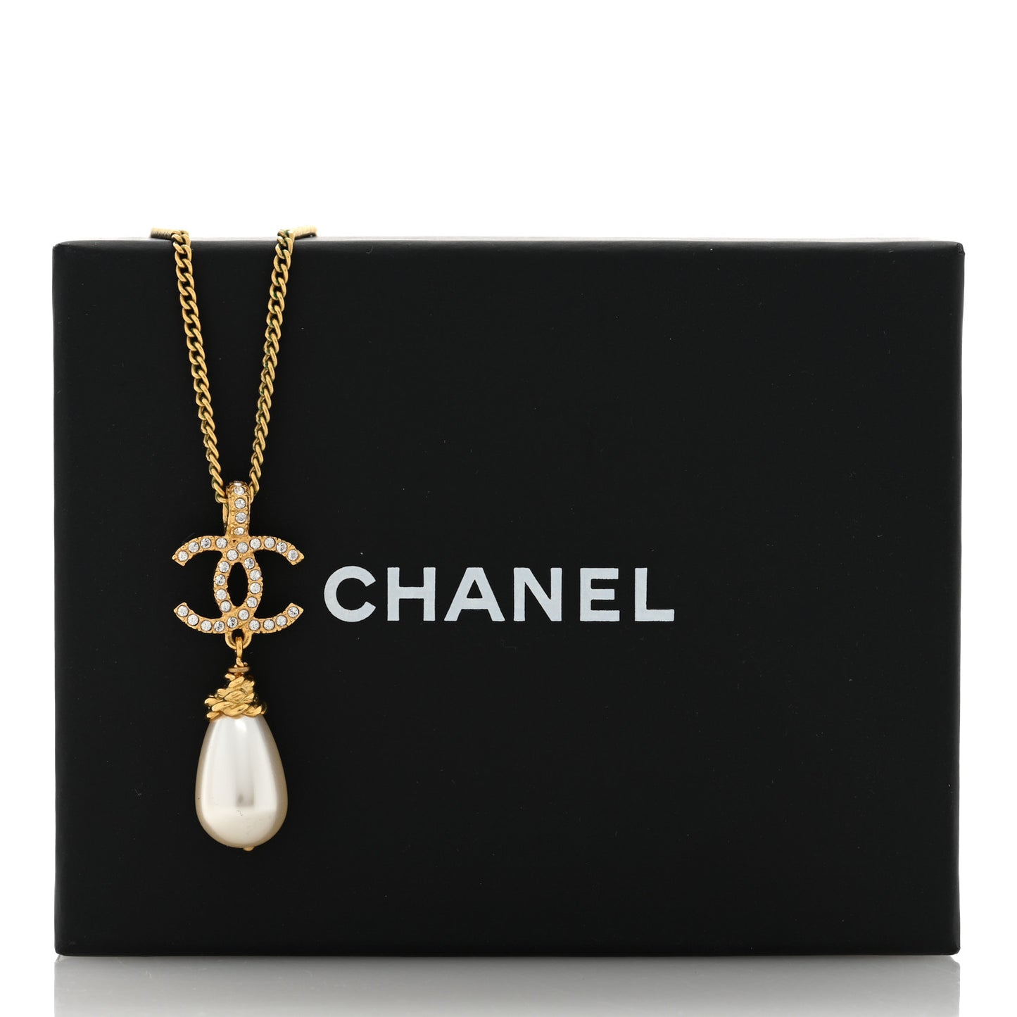 Pearl Crystal Twisted CC Drop Necklace Gold