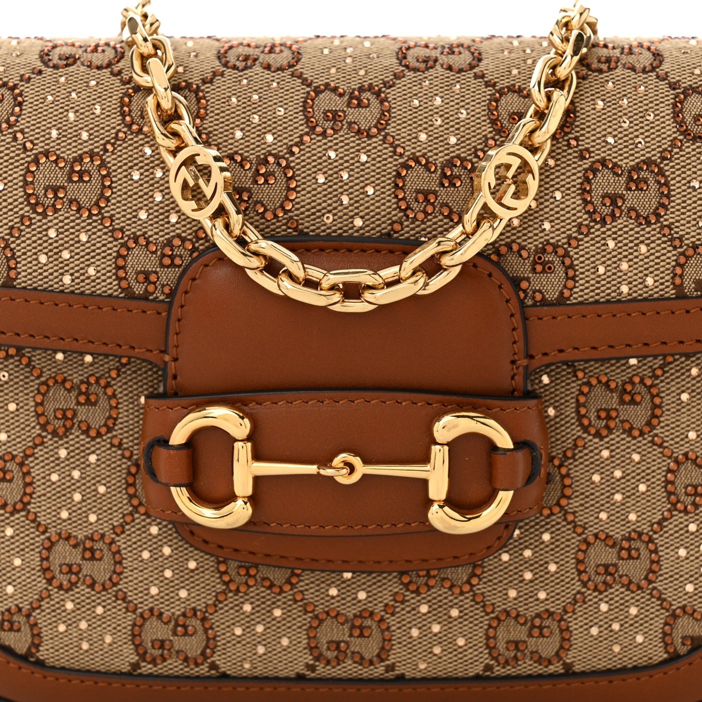 New Canvas Charisma Calfskin Crystal GG Monogram Mini Horsebit 1955 Shoulder Bag Camel Ebony
